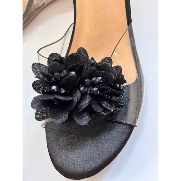 Shuzumiao Black Satin Floral Clear Acrylic Wedge Heals #1098 Size 10/42 NWOT - Picture 3 of 10